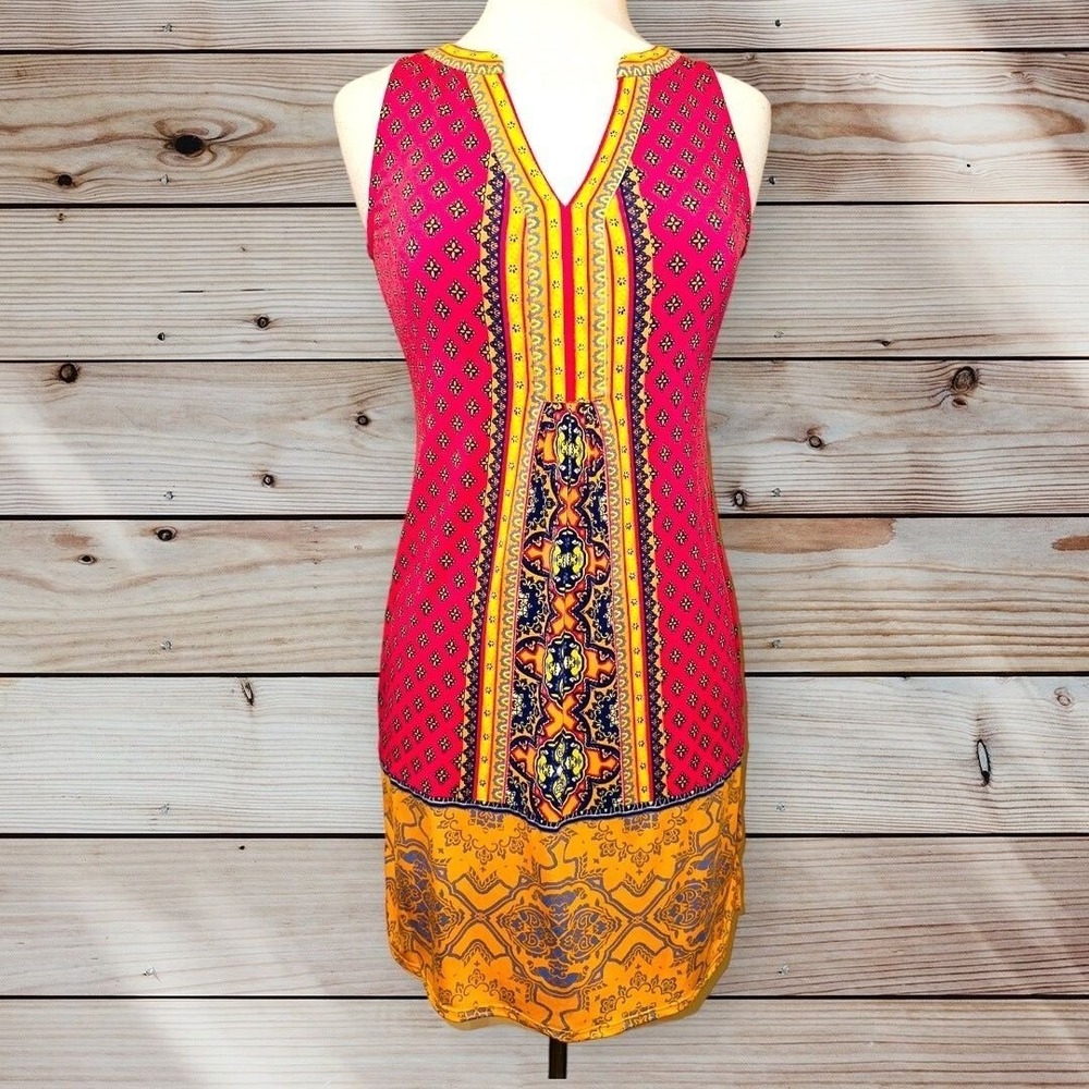D3 Hale Bob Printed Mini Dress Size XS 70s inspired Shift Mod Women Pink Orange